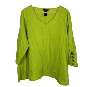 Ali Miles Top Size 2x 100% Linen Green V-Neck Button Sleeve Detail Pullover